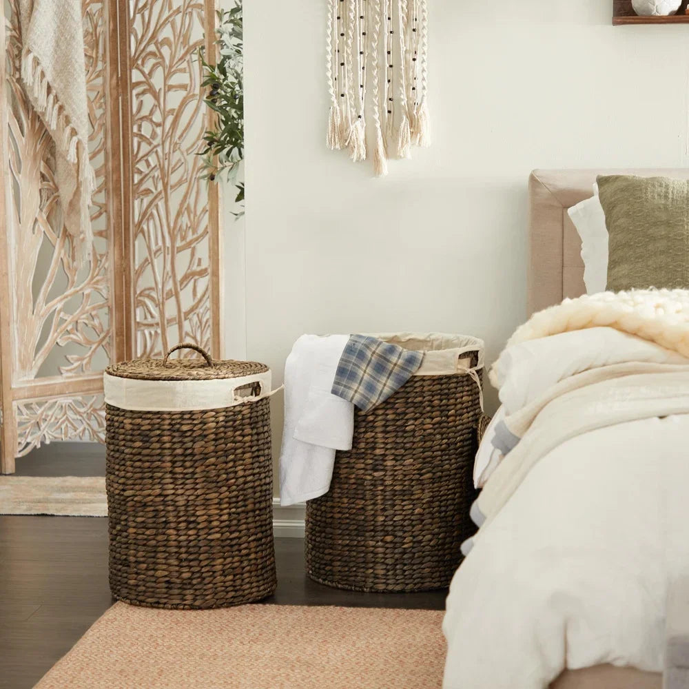 Handmade Seagrass Storage Basket Set 2PCS Round Baskets with Liner and Lid Decorative Organizing Bins Home Indoor Use