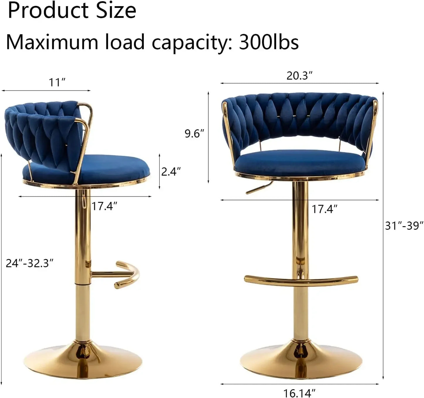 TOP-notch Velvet Bar Stools Set of 3, Counter Height Barstools with Low Back, Gold Swivel Bar Stool for Kitchen Island, Pub (Blu