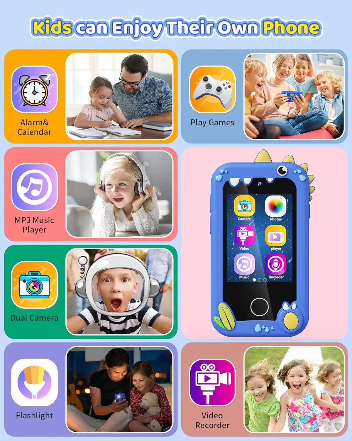 Kids Toy Smartphone, Gifts and Toys for Girls Boys Ages 3-8 Years Old, Fake Play Dinosaur Toy Phone Music Dual Camera Games