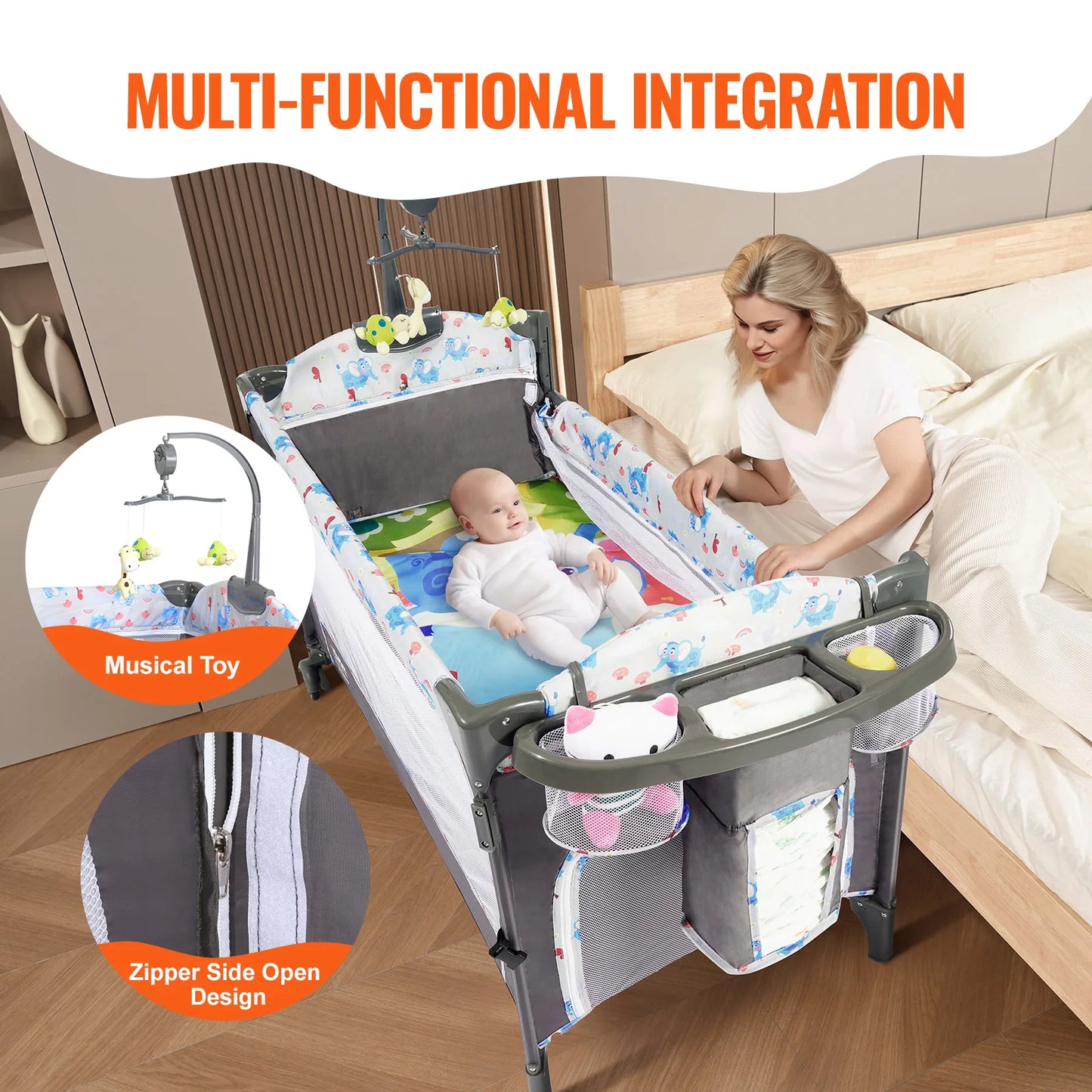 SucceBuy Baby Bassinet 77 pounds Load Capacity Easy to Fold Portable Bassinet Bedside Sleeper with Storage Basket and Wheels