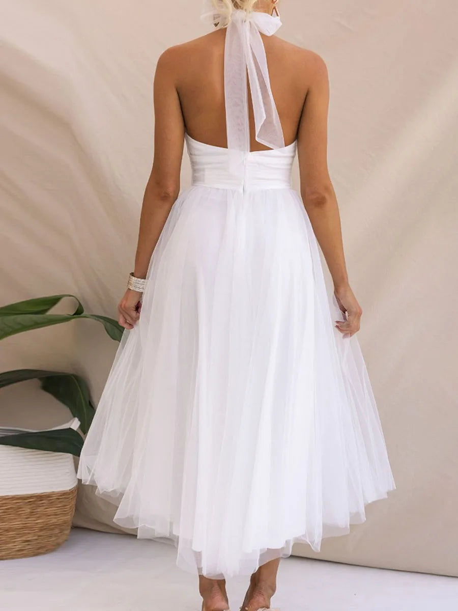 Women’s Backless Long Dress Adjustable Tie Halter Neck Tulle High Waist Solid Party Wedding Dress