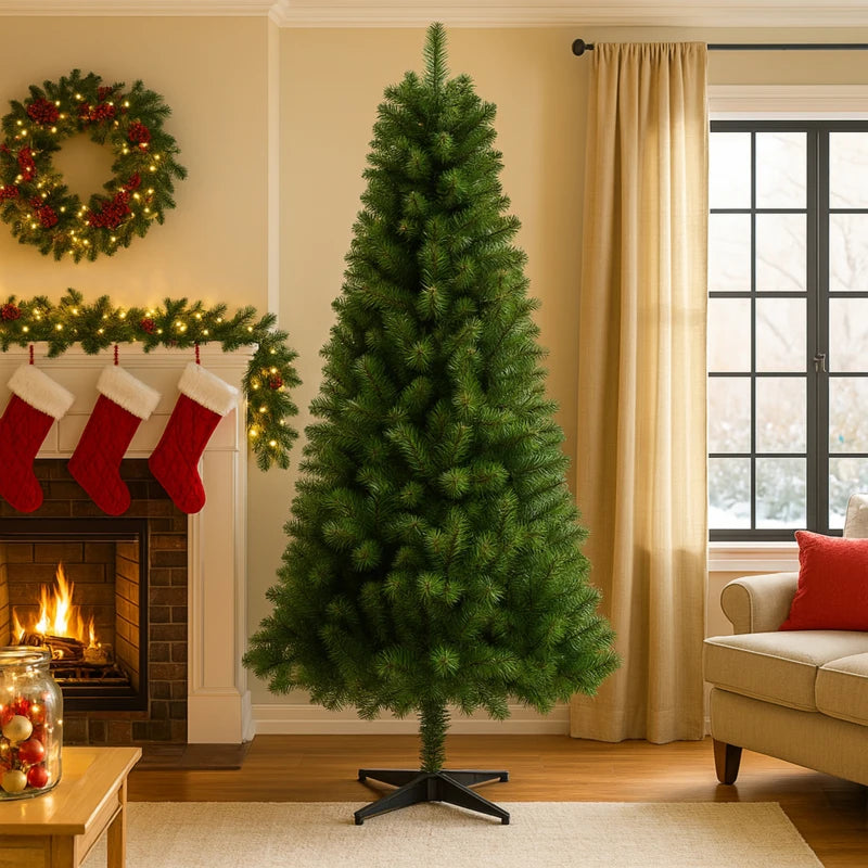 6FT Hinged Unlit Artificial Christmas Tree with 582 Tips, Full PVC Branches, Green Holiday Tree with 4-Leg Plastic Stand for Ind