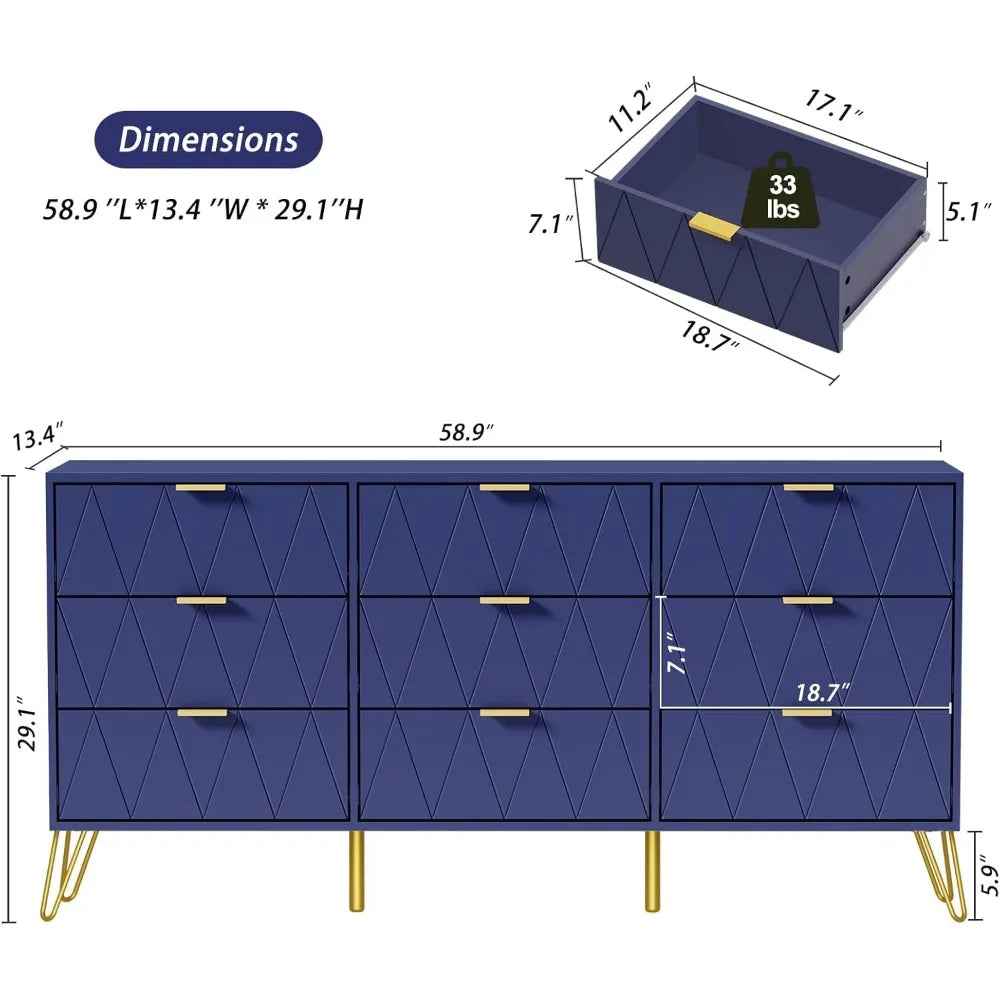 9 Drawer Dresser Navy with Gold Handles for Bedroom, Chest of Drawers & Long Dresser with Deep Drawers, Modern Wood Dressers