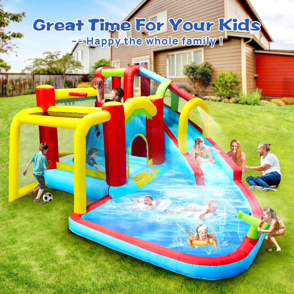 7 in1 Inflatable Slide Water Park Bouncing House Outdoor Soccer Garden Bouncer with Splash Pool Water Gun Climbing Wall