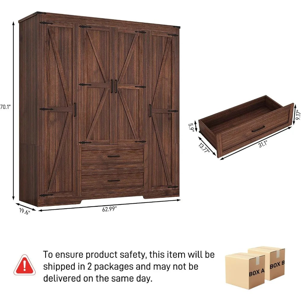 4 Doors Wardrobe Armoire Closet with Doors and Drawers, Farmhouse Wooden Armoire Storage Cabinet with Shelves & Hanging Rod