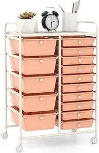 15-Drawer Rolling Storage Cart, Multipurpose Movable Organizer, Utility Cart for Home, Office, School, Macaron Color
