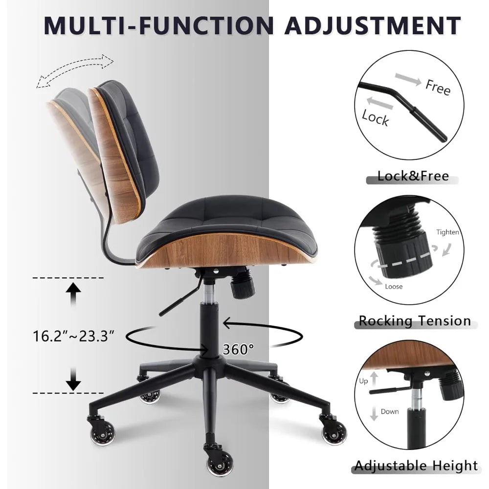 Home Office Desk Chair with Wheels, Adjustable Height Armless Office Chair, PU Leather Mid Back 360° Small Computer Chair, Moder
