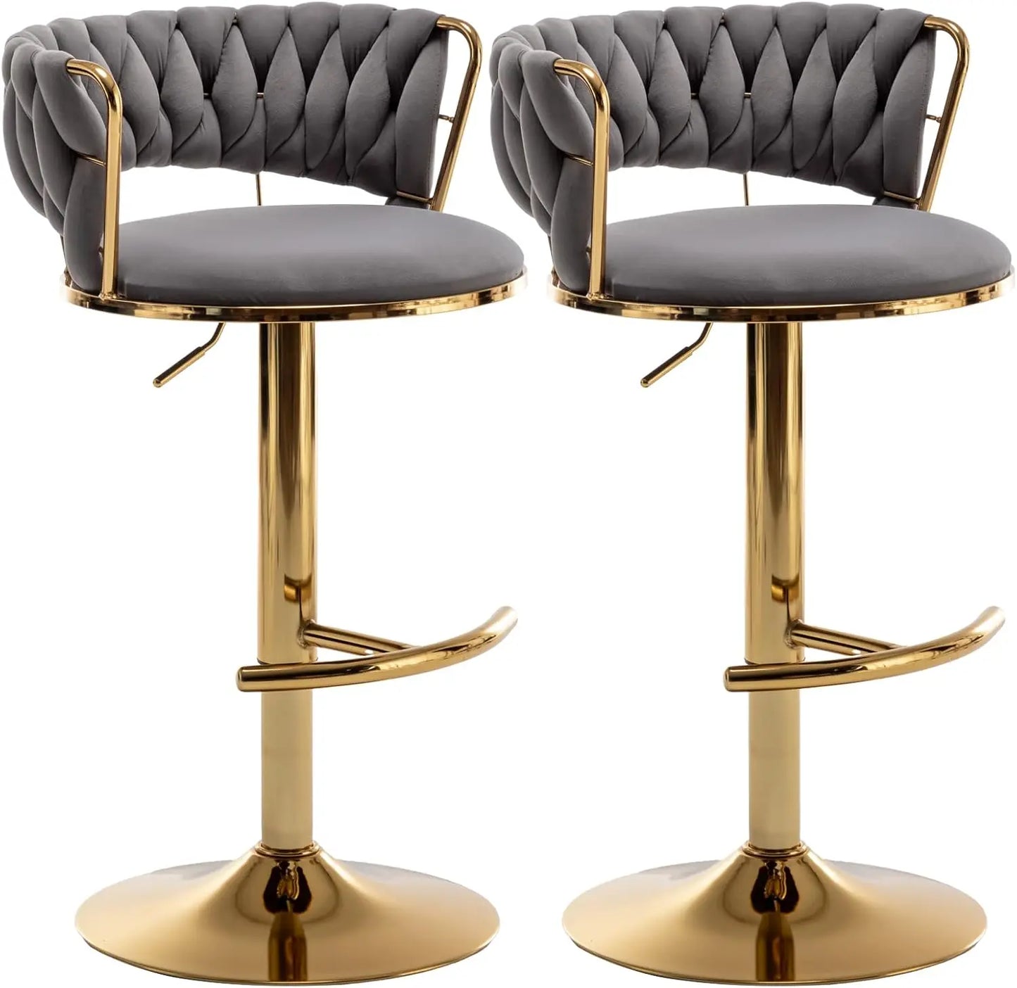 Gold Bar Stools Set of 4, Velvet Swivel Barstools with Woven Backrest, Adjustable Bar Chairs for Kitchen Island, Dining Room