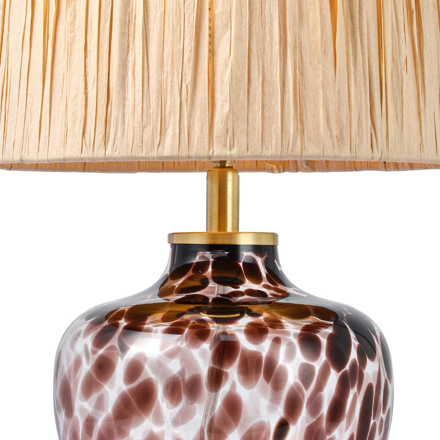 15" Hand-Blown Glass Table Lamp, Natural Raffia Shade, Mesmerizing Leopard-Print Base, Small Accent Lamp