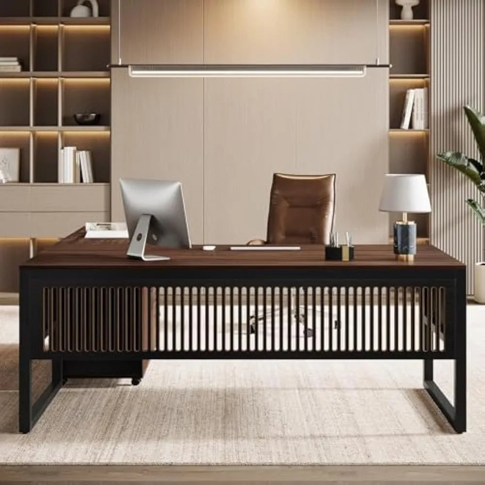 Large L-Shaped Executive Office Desk with Mobile File Cabinet and Drawers