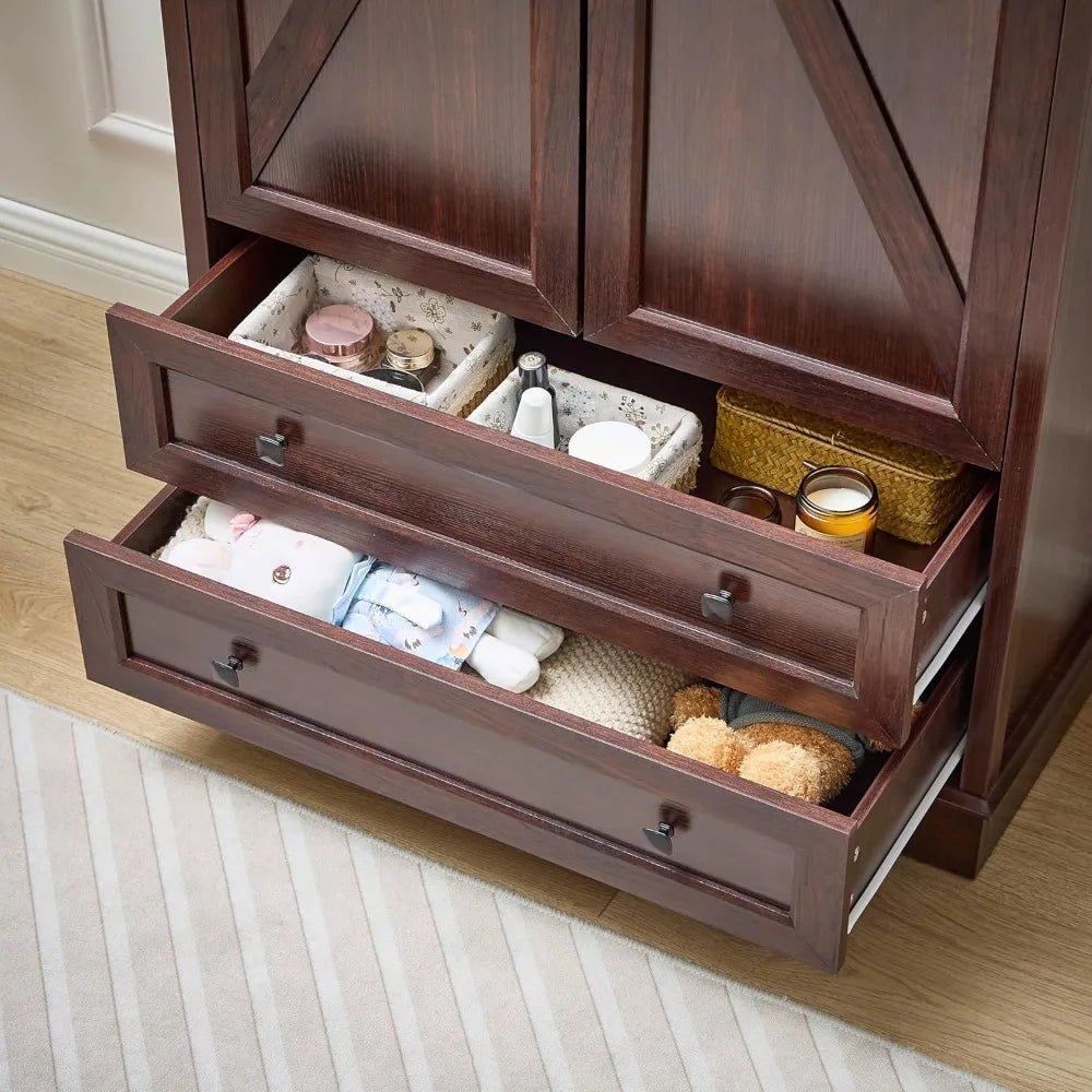 Wardrobe with 2 Drawer, 71 Inches Tall Armoire Wood Wardrobe with Multiple Storage for Bedroom, Living Room, Hallway