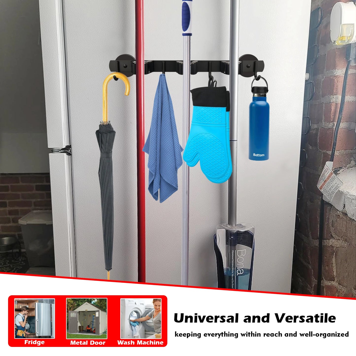 Magnetic Broom and Mop Holder Bar 3 Racks 4 Hooks for Laundry Garage Kitchen Factories Workshops Organization and Storage