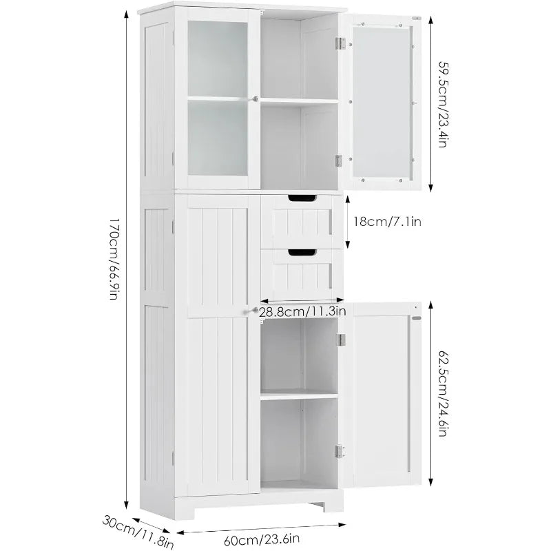 67'' Tall Storage Cabinet, Bathroom Storage Cabinet with Frosted Glass Doors and Wood Drawers, Kitchen Pantry White