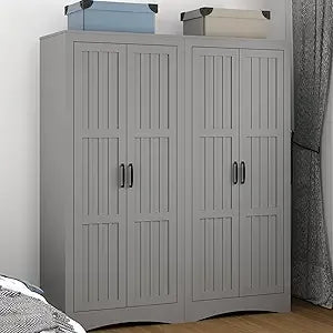Wardrobe Closet with 4 Doors, Wooden Modern Freestanding Armoire with Shelves and Hanging Rod, Clothes Organizer Cabinet for Bed