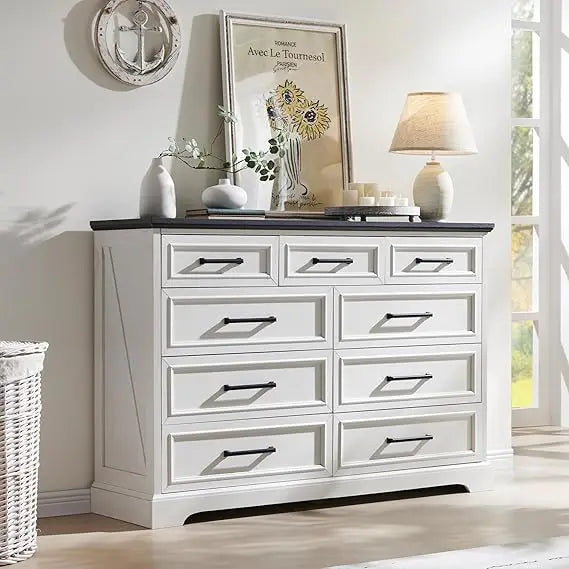 Farmhouse 9 Drawer Dresser for Bedroom, 36 Inch Tall Modern Dresser TV Stand with Large Drawers & Bar Handles, Rustic Wood Chest