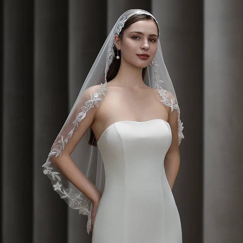 Elegant Ivory Lace Bridal Veil with Cathedral Length Soft Tulle for Wedding Ceremony - Classic Wedding Accessories