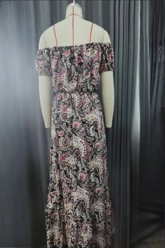Sweet Slash-neck Print Dress for Women Summer Vintage Elegant Bare Shoulder Long Dresses Women Boho High Waist Vacation Dress