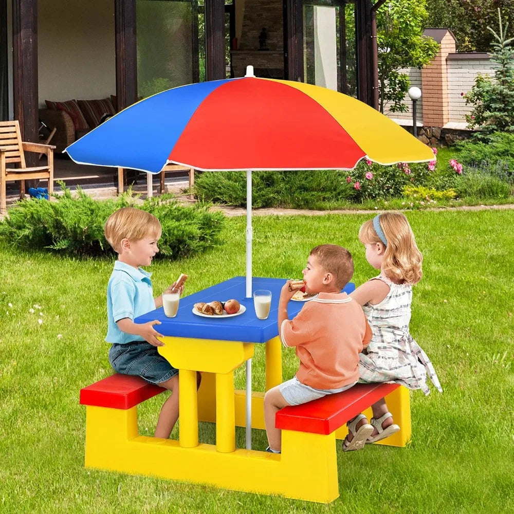 Kids Picnic Table, Toddler Plastic Outdoor Table & Bench Set with Umbrella, Children Patio Furniture Set for Backyard Garden
