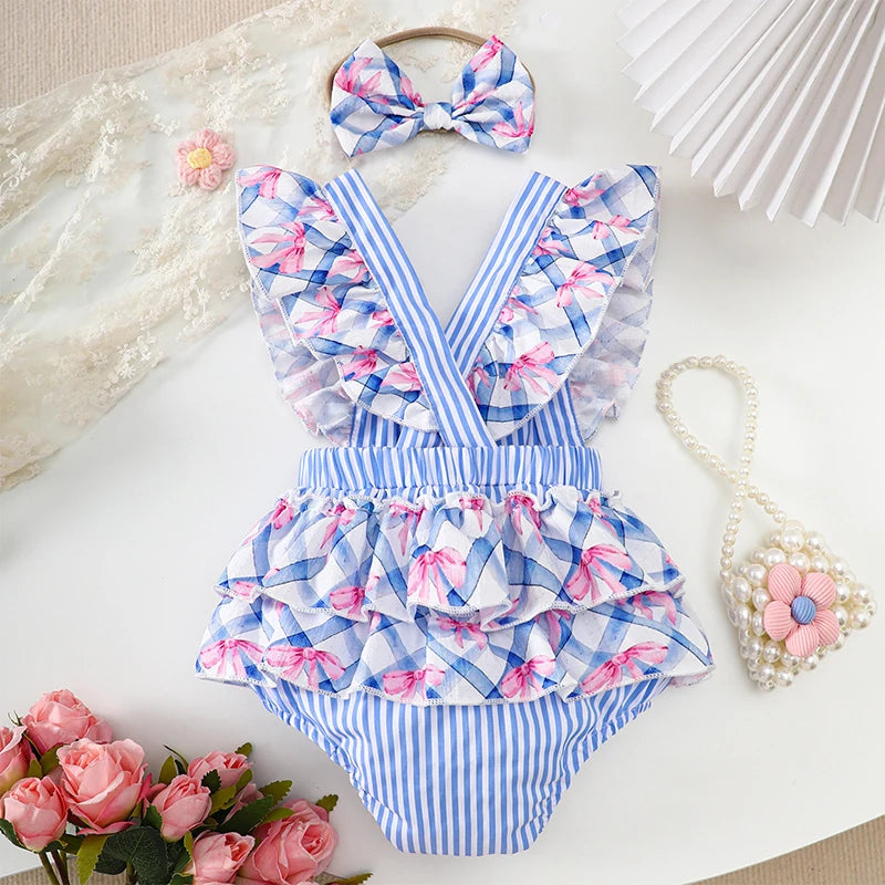 Adorable Toddler Girls American Flag Romper with Bow Detail and Matching Headband Set for Summer Outfits and Photoshoots