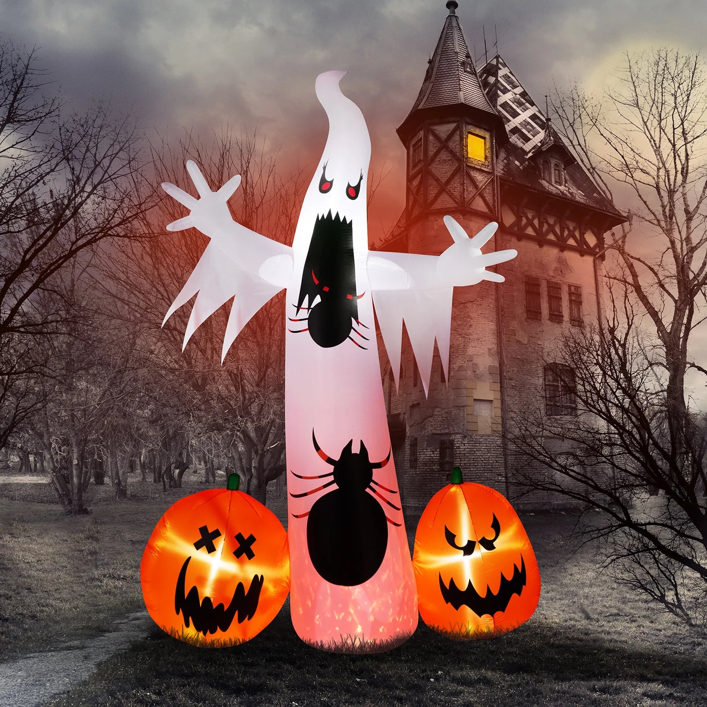 11.8 FT Halloween Inflatables Ghost Spider Pumpkin Outdoor Decorations, Scary Halloween Giant Blow up Ghost Decorations