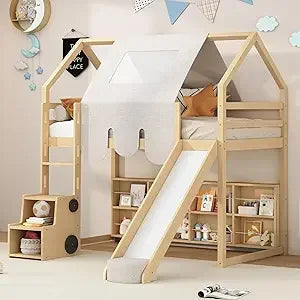 Harper & Bright Designs Kids House Loft Bed with Slide, Twin Size Low Loft Bed with LED Lights & Blackboard, Wood Playhouse Loft