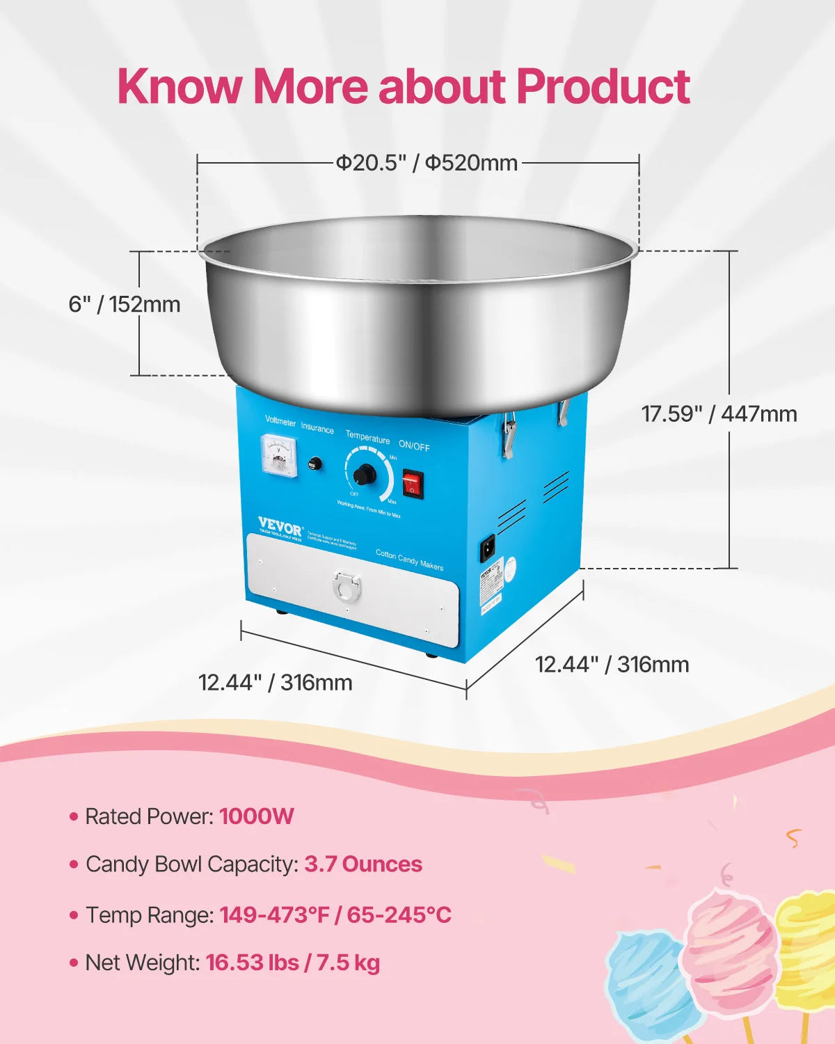 VEVOR Electric Cotton Candy Machine 1000W Commercial Candy Floss Maker with 20.5 in Stainless Steel Bowl Easy Home Use for Party