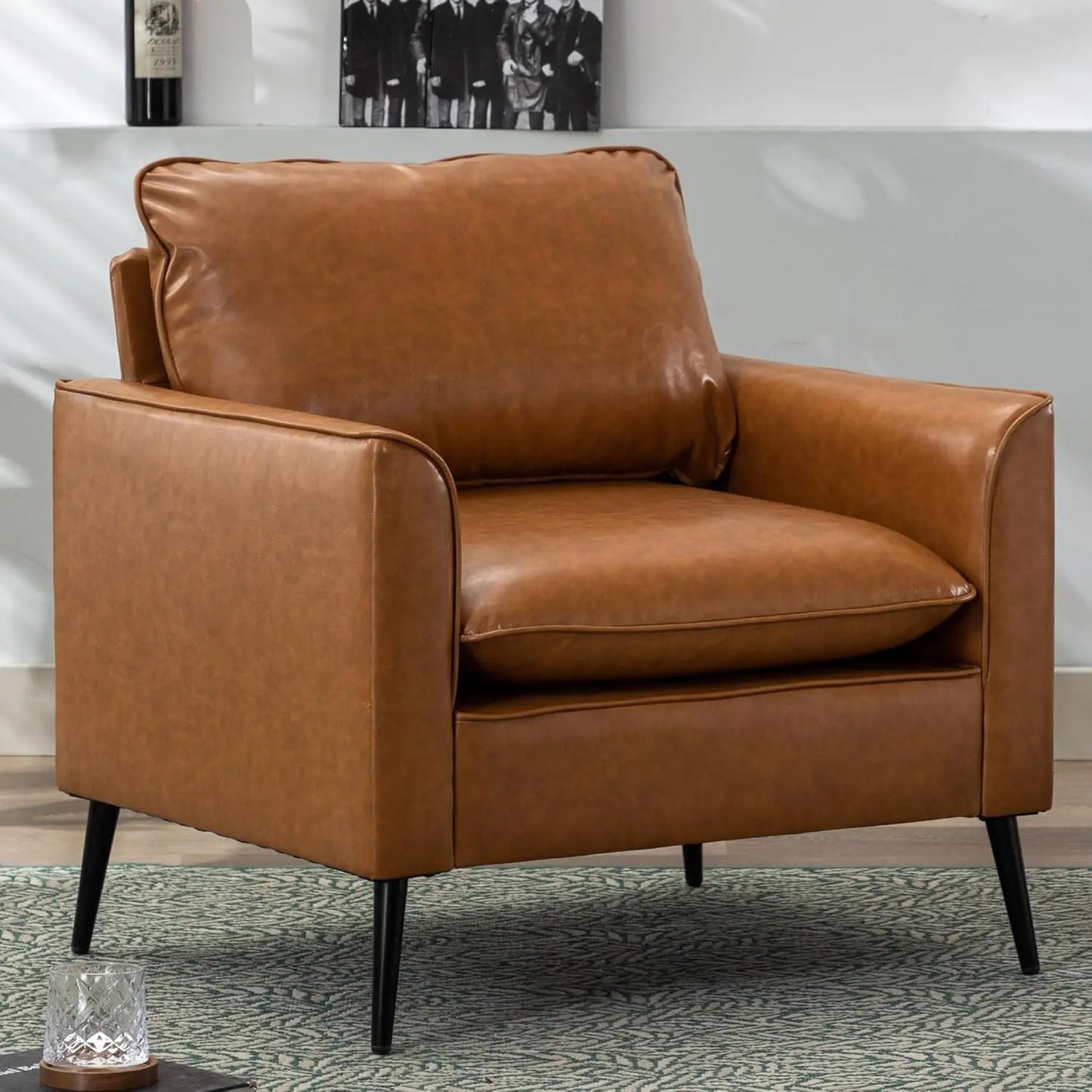 Leather Chair Set of 2, Oversized Armchair for Living Room, Mid-Century Accent Reading Chair for Bedroom Comfy, Single Sofa