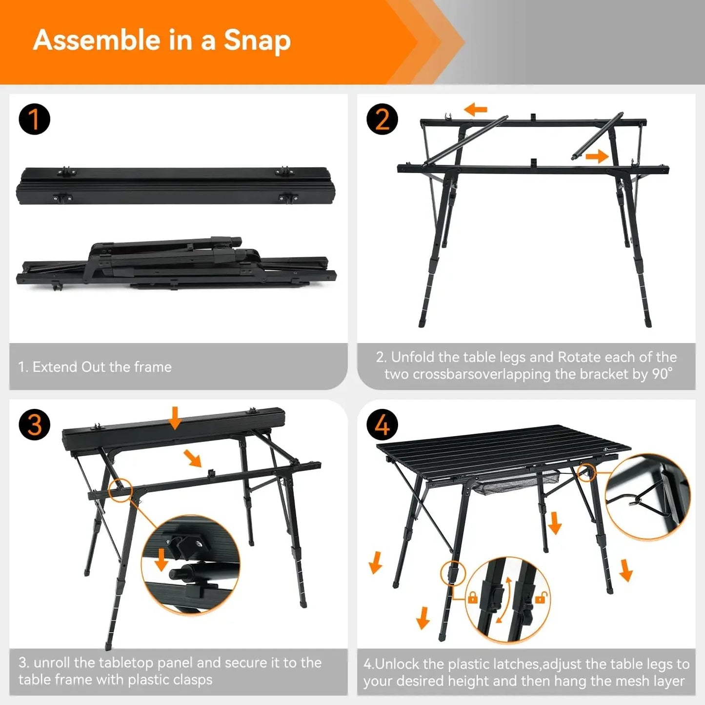 Camping Tables That Fold Up Lightweight, Adjustable Height Aluminum Folding Table with Top Mesh Layer, Roll Up Camping Table for