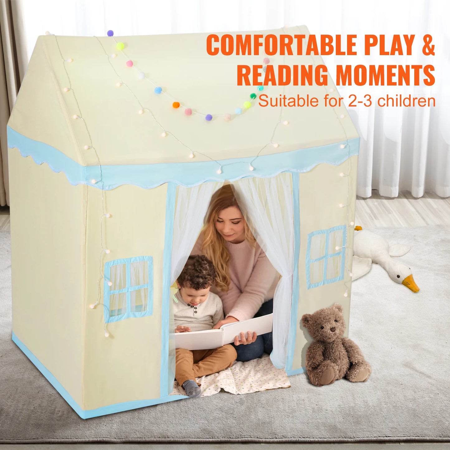 SucceBuy Kid Play Tent Kids Tent for Kids 1-5Year Old Toddler Tent with Mat and Tent Lamp Tent for Kids with Windows Castle Tent