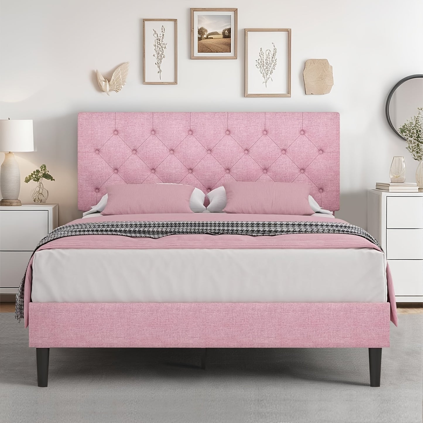 Twin/Full/Queen/King Size Bed Frame With Headboard, Linen Fabric Upholstered Bed Frame With Wood Slats(mattress Not Included), Halloween Decor, Wood Slats For Easy Assembly, Button Tufted, White/Blue/Dark Gray/Light Gray/Pink