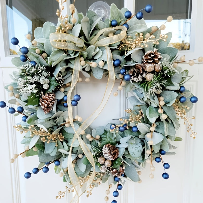 16-Inch Blue Eucalyptus Wreath with Golden Sheep Ears & Pine Cones - Elegant Front Door Decoration, Durable Plastic Faux Foliage for Year-Round Use, Christmas, Halloween, Housewarming Gift - Easy to Hang, No Maintenance Requi