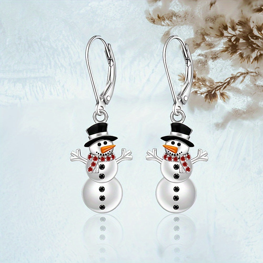 Boho Cute Christmas Snowman Pendant Necklace And Earrings, 925 Sterling Silver Plated with Synthetic 5A Zirconia, Holiday Themed Jewelry for Women, Perfect for Daily Wear And Parties, Ideal Christmas Gift