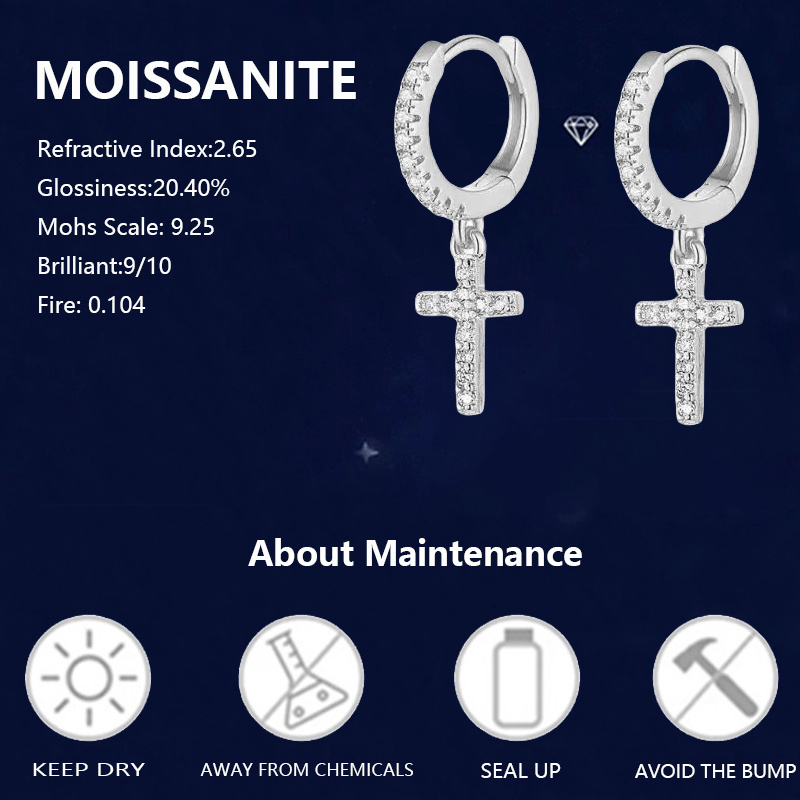 925 Sterling Silvery Full Moissanite Earrings*2, Cross Earrings, Simple And Versatile, Suitable for Daily Wear, Dating, Party, Vacation, Valentine'S Day Gift for Women, Thanksgiving Gift, New Year Gift Jewelry, with Gift Box