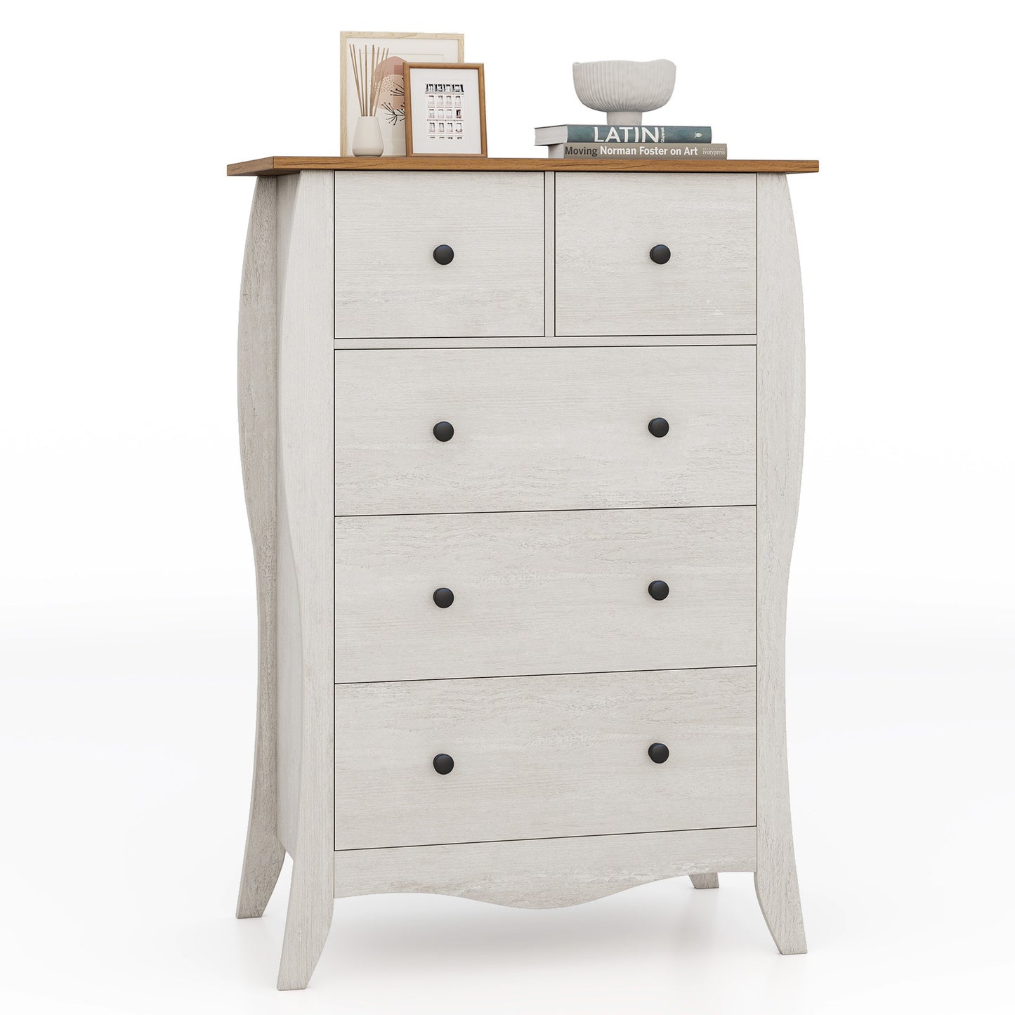 COSTWAY 30" Modern Farmhouse Dresser with 3 Spacious Folding Fabric Drawers - Sturdy Hardwood-like Construction, Anti-Tip Safety System, Freestanding Storage Cabinet with Curved Legs & Knobs, Grey/Brown for Bedroom, Nursery