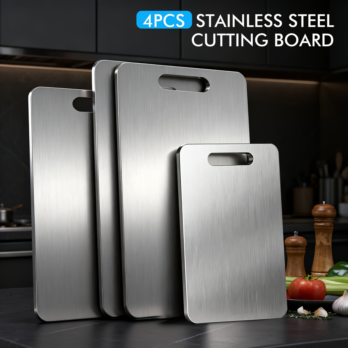 4pcs Stainless Steel Cutting Boards - Food Grade Durable Kitchen Cutting Boards - Non-slip Design For Meat Fruits Vegetables - Dishwasher Safe And Knife-Friendly Surface - Suitable For Home Chefs And Restaurants
