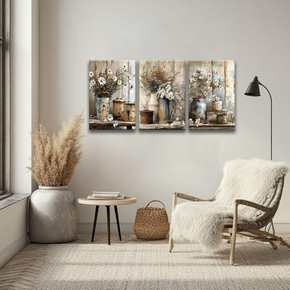 2D Flat, Paintings, 3pcs Framed Rustic Daisy Vase Floral Wall Art - Vintage Farmhouse Pictures with Thick Wood Frame & Canvas, Botanical Flower Prints Suitable for Bedroom, Office, Gallery - Ready to Hang (12x16 inch/ 30x40cm