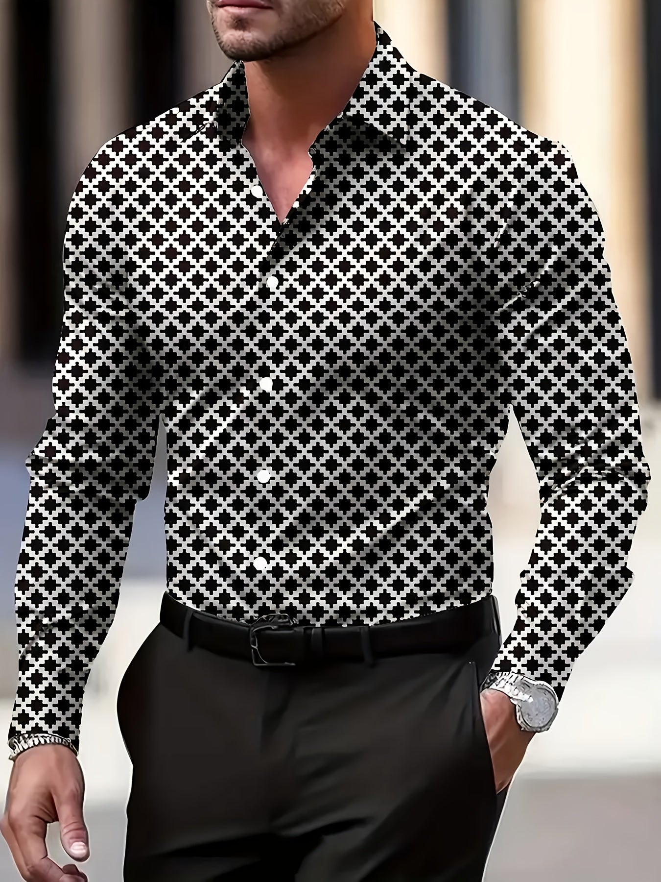 Shule Water OBM Men's Black & White Houndstooth-Like Dot Shirt - Golden Collar, Loose Fit Long Sleeve Dress Shirt, Business Casual & Formal Wear, Machine Washable All-Season Button-Up for Work, Wedding, Office (Classic Men's