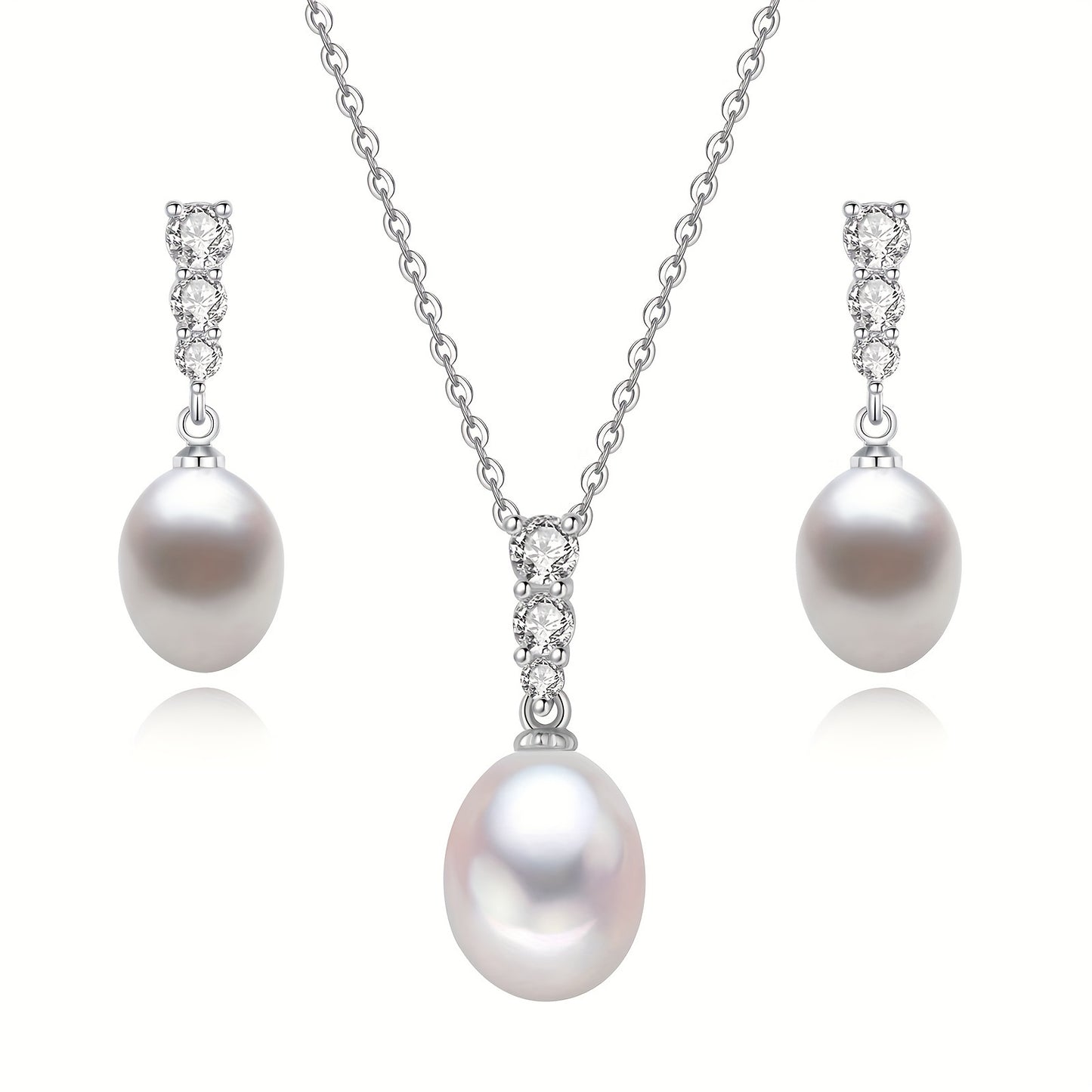 925 Sterling Silver Natural Seawater Pearl Pearl Necklace And Earrings Set 9-10MM