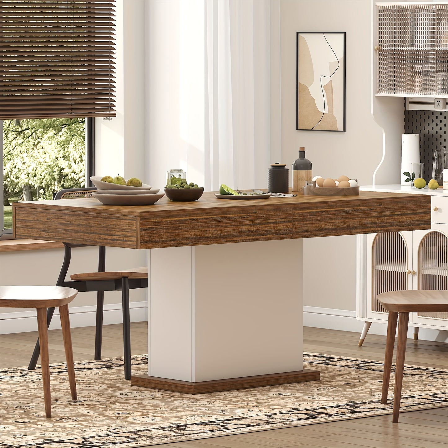 Dining Table for 6 People, Large Rectangular Wood Kitchen Table with 2 Drawers, Farmhouse Long Dining Table for Dining Room, Living Room, Kitchen, Black/ White, Tables for Dining Room, Kitchen Table with Storage, Round Kitche