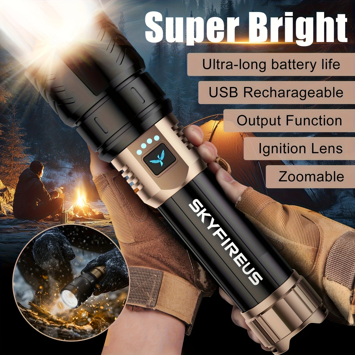 SKYFIRE LED Flashlight High Lumen, Super Bright Rechargeable Flashlight, with Ignition Lens, Adjustable Focus, Four Modes, Suitable for Camping, Outdoor, Farm, Family Use
