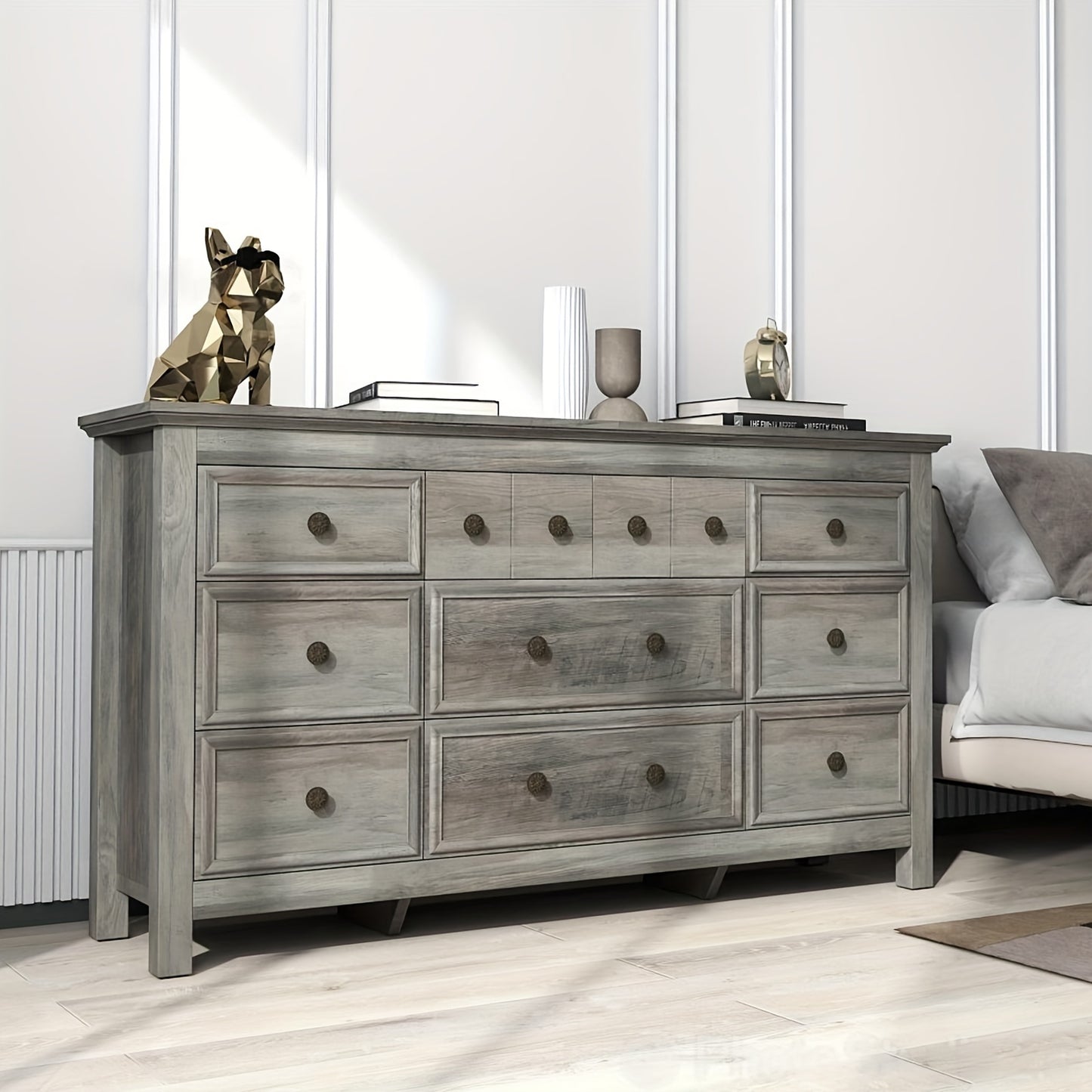 9 Drawers Dresser For Bedroom, 58.3" Wide Wood Farmhouse Rustic Chest Of Drawers With Natural Texture, Smooth Metal Rail, Strong Drawer Bottom Support, Storage Dressers Organizer For Closets, Living Room, Hallway