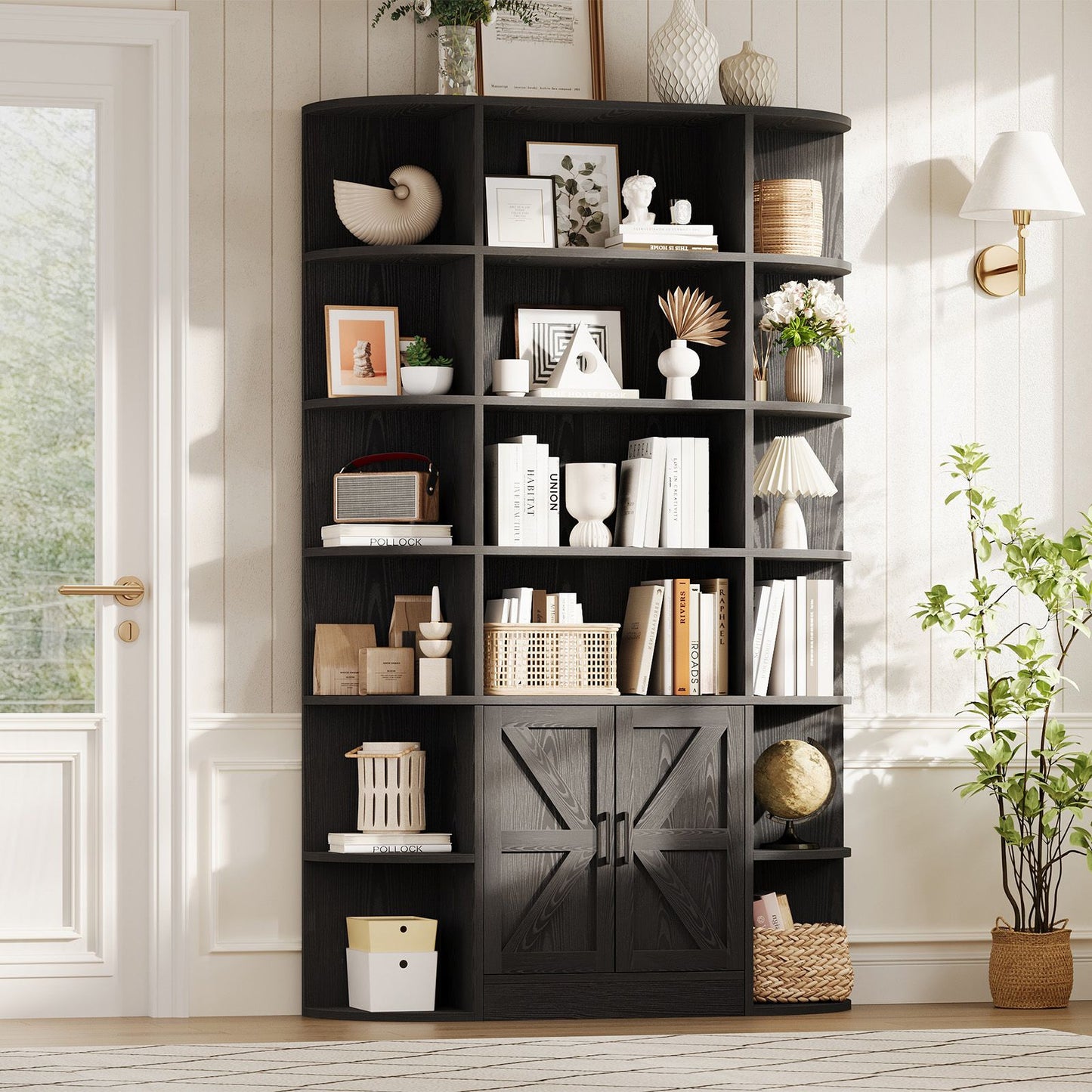FurniStyle 75-inch Tall Grey 6-Tier Bookcase with Black Accents | Adjustable Shelves, Doors, Anti-Tip Hardware, Freestanding Hardwood Construction for Living Room, Office, or Bedroom Storage