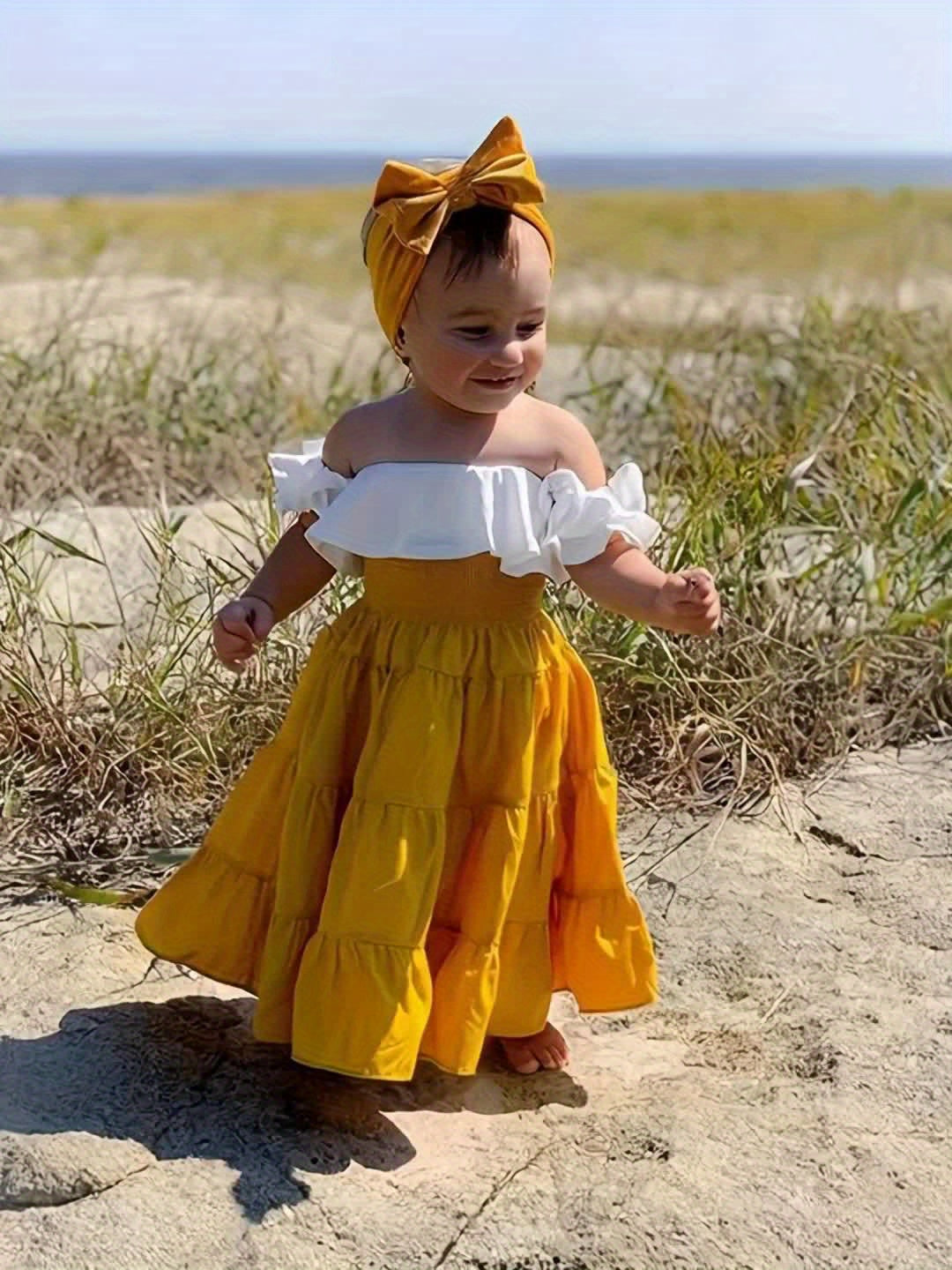 3pcs Kids Toddler Girl Off Shoulder Crop Top Blouse High Waist Ruffled Maxi Skirt Summer Outfits with Headband, Toddler Fashion, Party Dress, Loose Fit, Vintage Style, Lightweight Fabric, Soft Texture