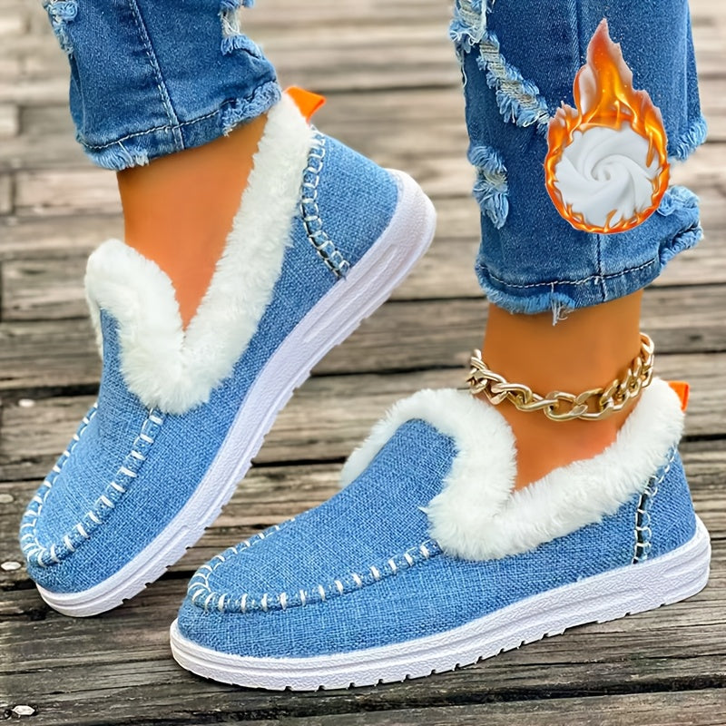 Women's Winter Slip-On Loafers with Faux Fir Denim Blue EVA Sole, Indoor/Outdoor Winter Footwear