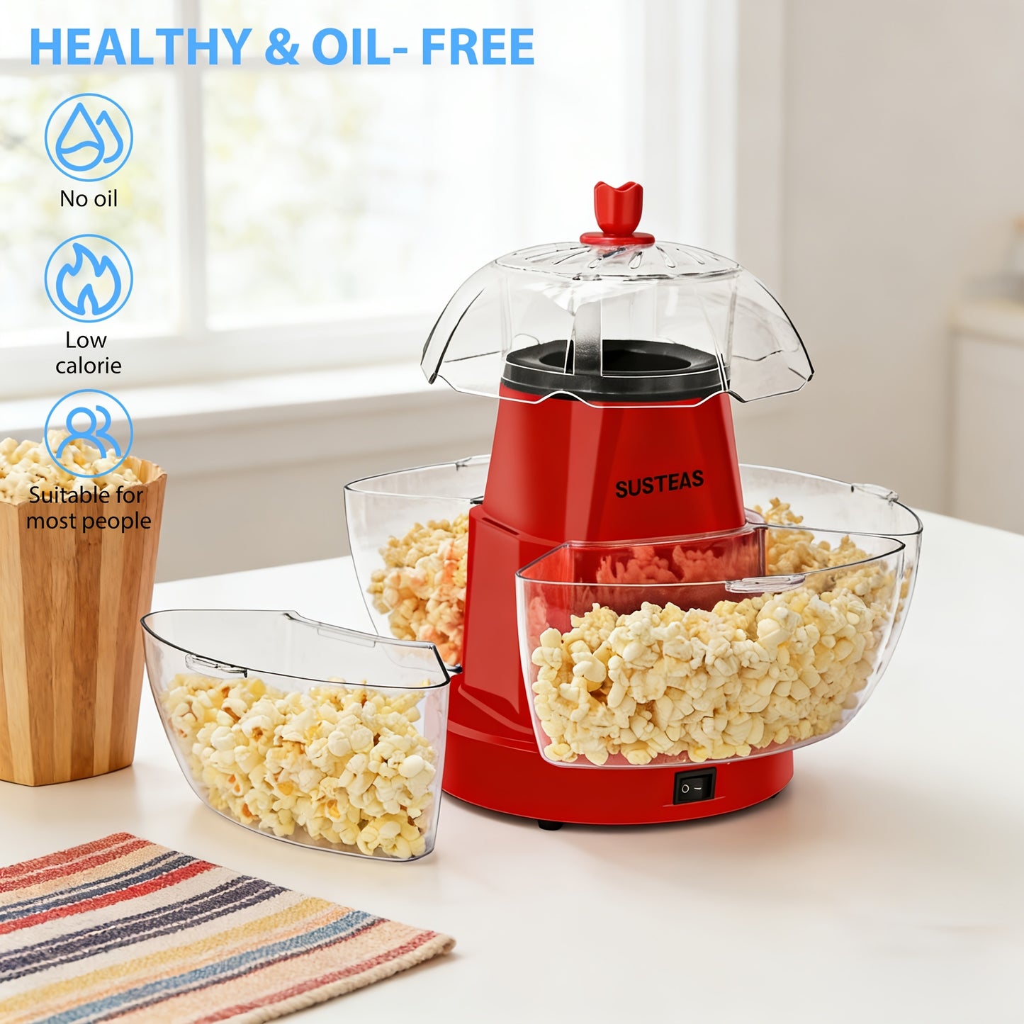 Upgraded Electric Popcorn Machine with 4 Serving Bowls, Quick 5-Min Hot Air Popper, Easy-Clean Snack Machine for Healthy Oil-Free Popcorn, Ideal for Movie Nights, Parties, Game Days, Family Gatherings, Everyday