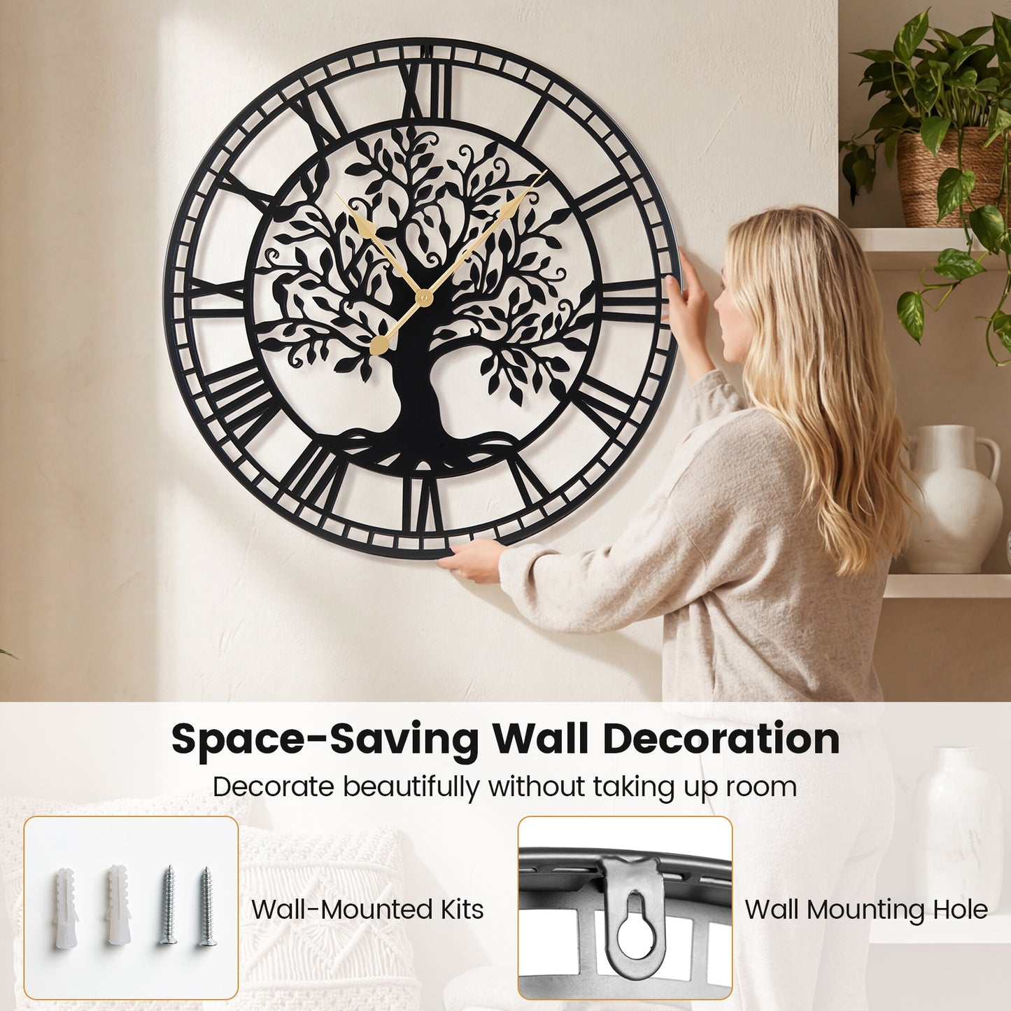 Large Wall Clock, 27” Tree of Life Big Metal Clock, Non-Ticking Decorative Clock