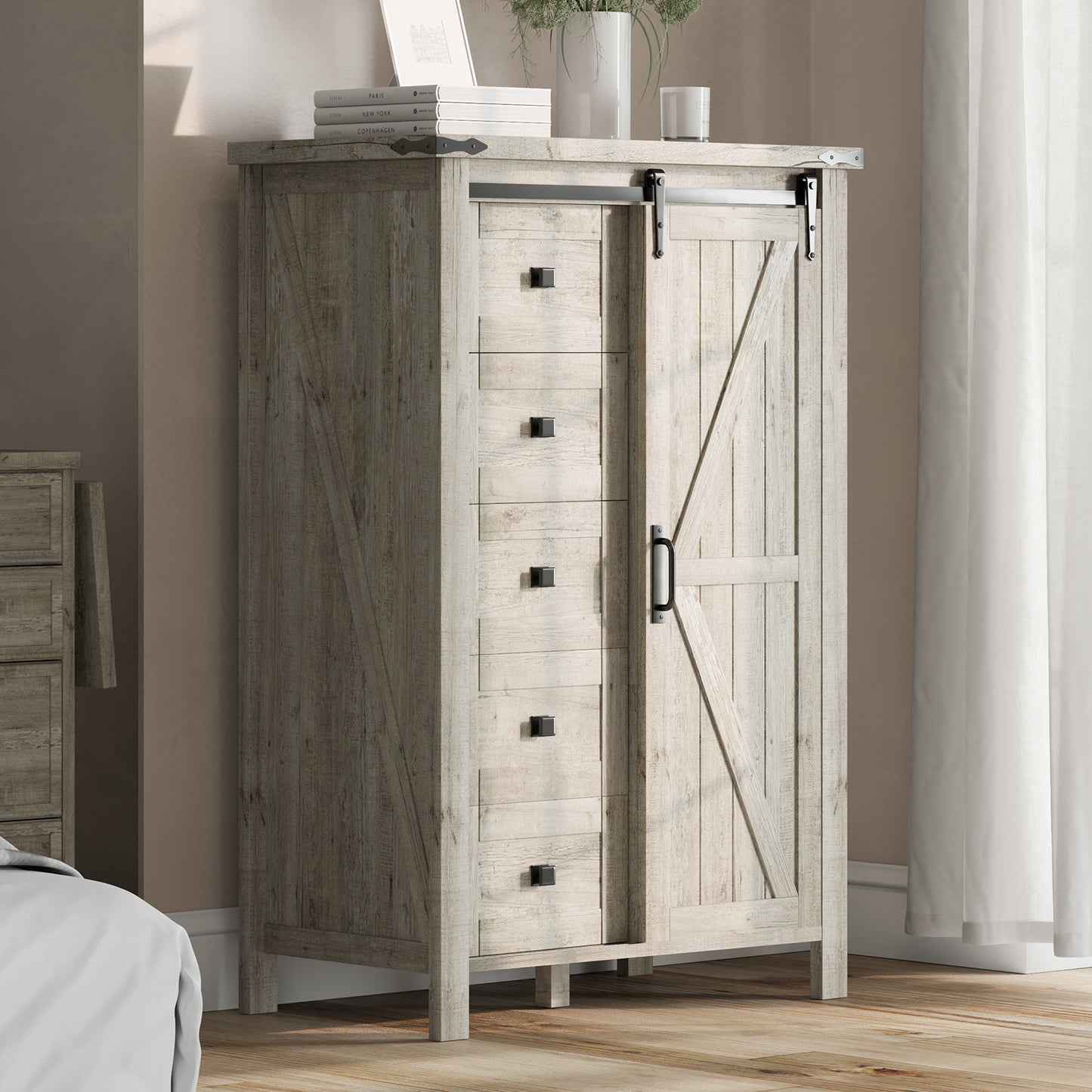 LUXOAK Farmhouse 5-Drawer Dresser with Sliding Barn Door& Storage Cabinet for Bedroom- Rustic Storage Solution