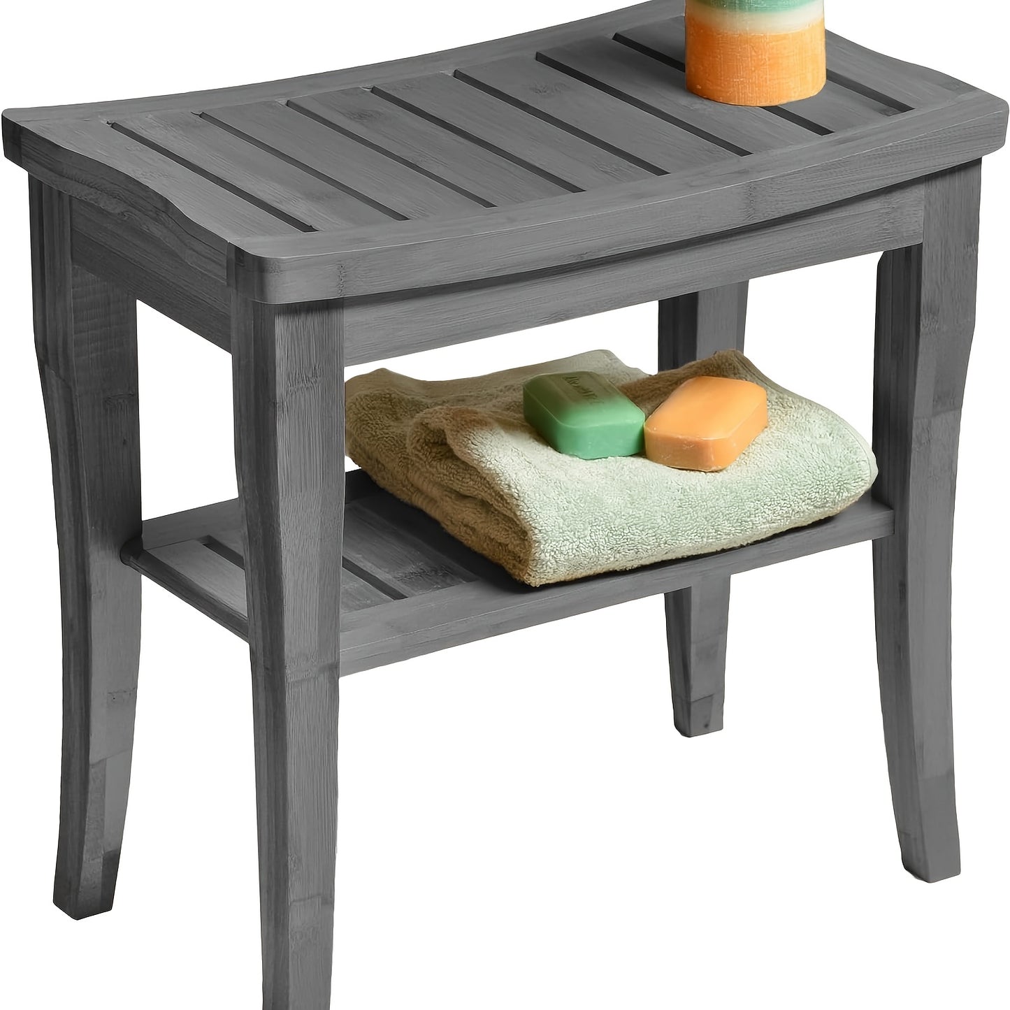 Foldable Bamboo Shower Bench with Storage Shelf & Non-Slip Seat - Sturdy Bathroom Stool with Curved Backrest-like Design, Moisture-Resistant for Indoor/Outdoor Use, Spa & Shower Decor, Space-Saving Foot Rest Shaving Stool (Gr