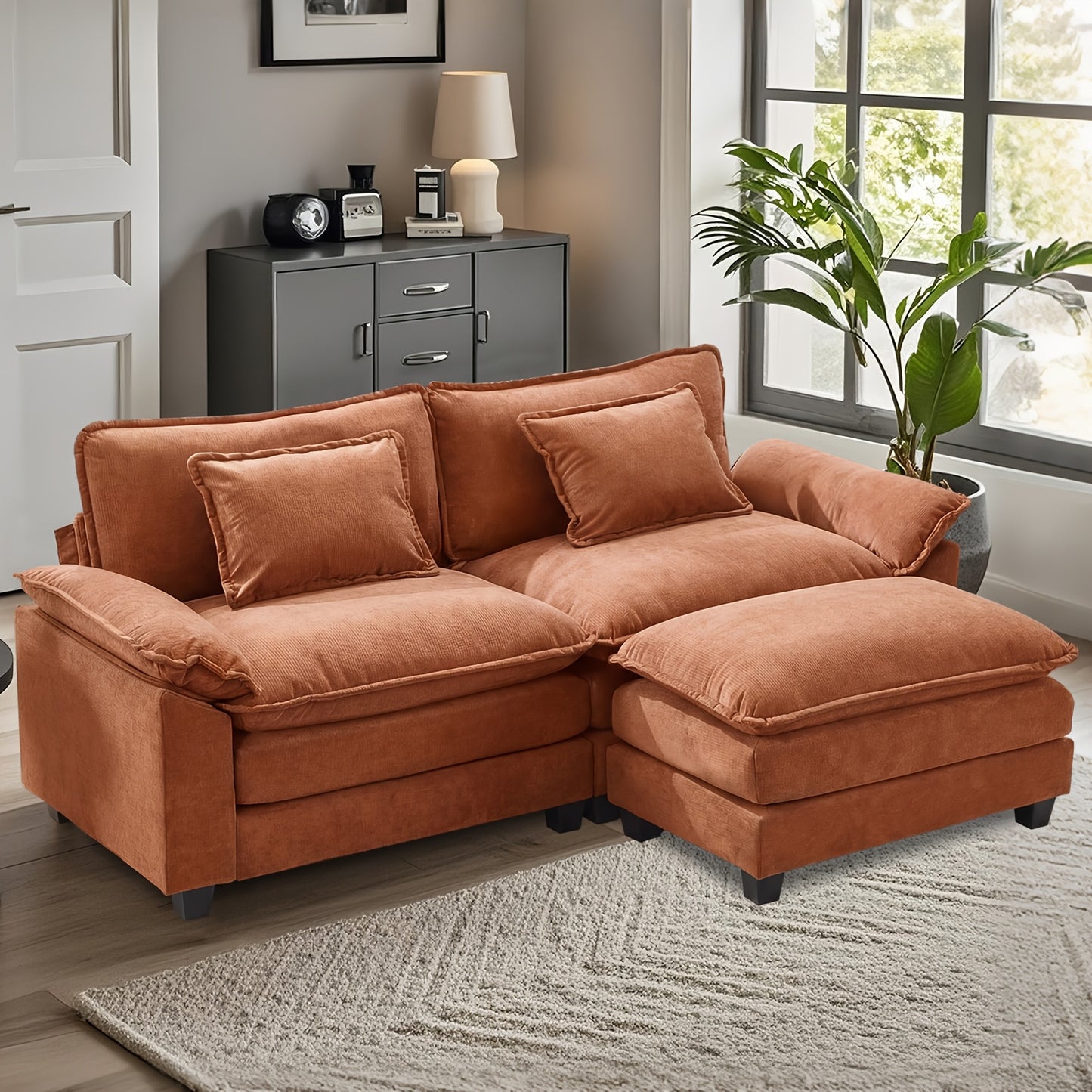 86'' Sectional Sofa, Modular Loveseat Sofa with Ottoman, Chenille Cloud Couch, Upholstered Deep Seat Sofa for Living Room, Apartment