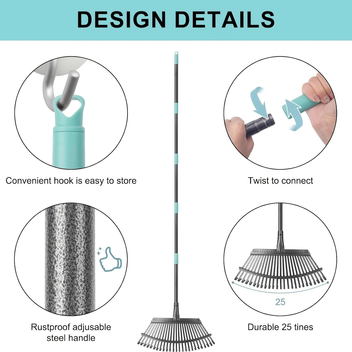 Heavy-Duty Metal Garden Leaf Rake with 18.5” Wide, 25 Tines & 6ft Adjustable Handle - Wide-Spread Leaf Collector for Lawn, Yard, Driveway, Garden - Durable Leaf Raking for Use & Large Outdoor Areas